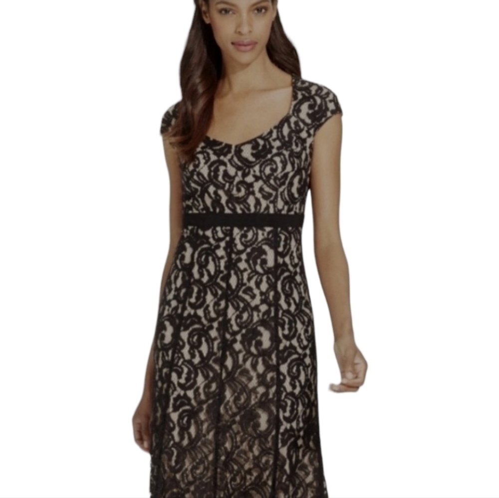 MSK; Black Vintage Style Lace Cap Sleeve Mermaid Evening Gown, Size 12